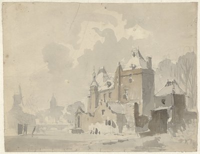 Gezicht op een gefantaseerd(?) kasteel nabij een stad door Adrianus Eversen