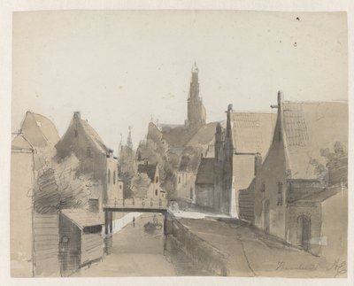 Gezicht op een grachtje in Haarlem, op de achtergrond de St. Bavo door Adrianus Eversen