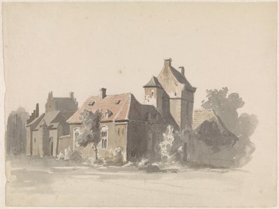 Gezicht op een groep huizen met stadspoortje(?) door Adrianus Eversen