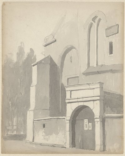 Gezicht op een ingangspoortje van een kerk door Adrianus Eversen