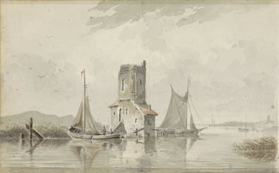 Rivierlandschap met een toren door Adrianus Eversen
