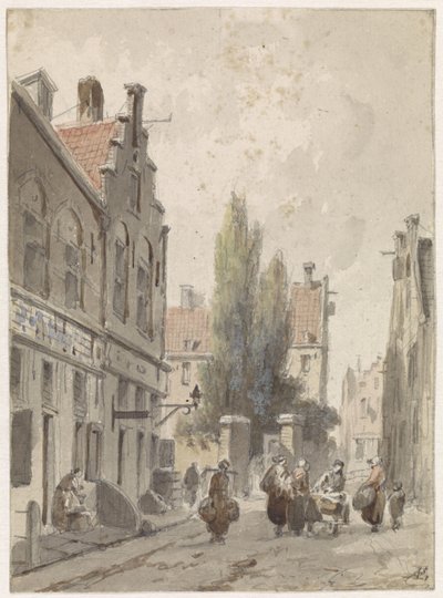 Stadsgezicht met een marskramer door Adrianus Eversen