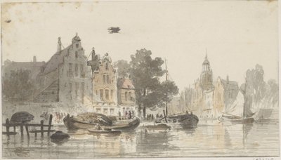 Stadsgezicht met kanaal door Adrianus Eversen