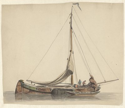 Twee mannen werkend op een platbodem met gestreken zeilen door Adrianus Eversen