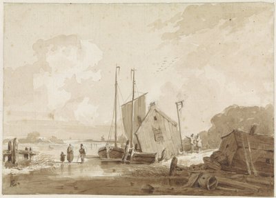 Wintergezicht met figuren bij boten bij een boothuis door Adrianus Eversen