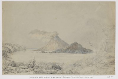 Gezicht vanuit Lontar op Banda Neira en rokende Gunungapi, Banda-eilanden, Centraal-Molukken door Adrianus Johannes Bik