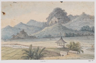 Landschap bij Cibodas met brug en paviljoen, West-Java door Adrianus Johannes Bik