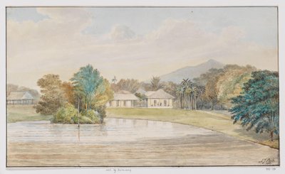 Landschap met woonhuis en vijver, West-Java door Adrianus Johannes Bik
