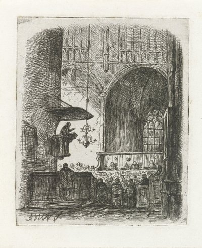 Kerkinterieur met kerkdienst door Adrianus Wilhelmus Nieuwenhuyzen