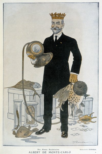 Albert I van Monaco (1848-1922), oprichter van het Oceanografisch Museum van Monte Carlo - Illustratie door Adrien Barrere (1877-1931) in Fantasio op 15/04/1914 door Adrien Barrere