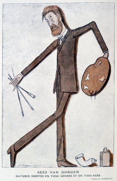 Cartoon over Kees Van Dongen (1877-1968), Franse schilder van Duitse afkomst. Tekening door Barrère, in 