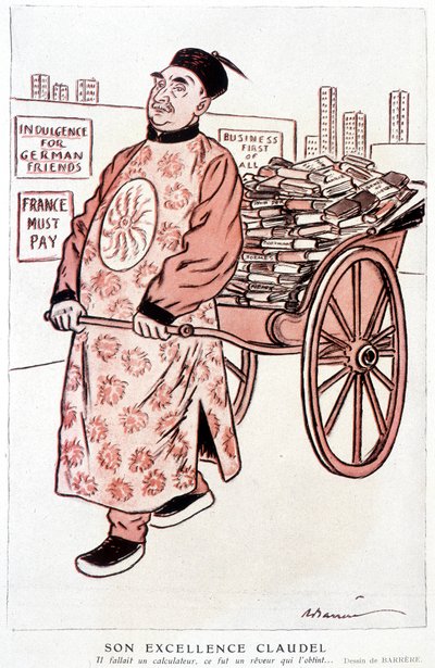 Cartoon over Paul Claudel, Franse dichter en toneelschrijver - door Barrère, in Fantasio van 01/01/1927 door Adrien Barrere