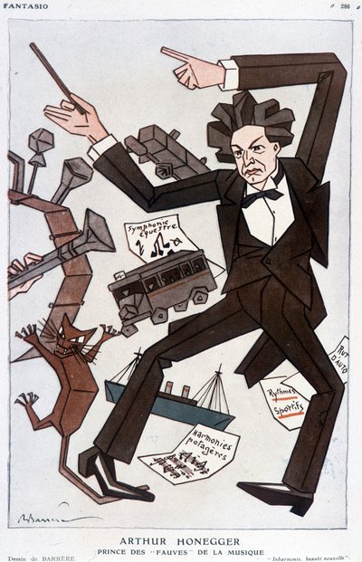 Cartoon door Arthur Honegger Prince of the Fauves of Music, Zwitserse componist (1892-1955) - door Barrère, in Fantasio van 01/01/1930 door Adrien Barrere