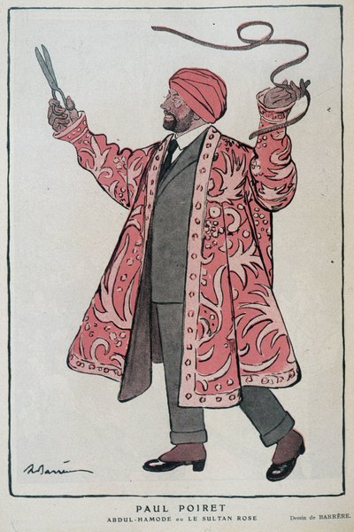 Cartoon door Paul Poiret, Franse ontwerper en designer (1879-1944) in Abdul-Hamode of Le Sultan Rose - Illustratie door Adrien Barrere (1877-1931) In Fantasio, 01/12/1919 door Adrien Barrere