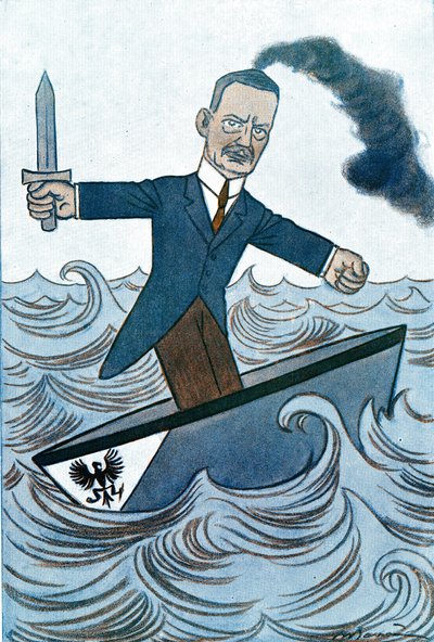 Cartoon door Wilhelm Cuno (1876-1933) Duitse politicus verantwoordelijk voor maritieme zaken. Tekening door Adrien Barrère (1877-1931) uit Fantasio door Adrien Barrere