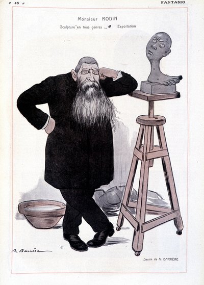 Cartoon door de beeldhouwer Auguste Rodin afgebeeld in zijn atelier in Fantasio door Adrien Barrere
