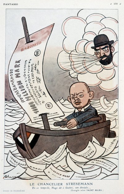 Cartoon over de Duitse kanselier Gustav Stresemann (1878-1929) en de devaluatie van de Mark - Illustratie door Adrien Barrere (1877-1931) in 