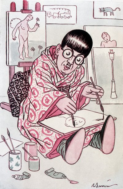 Cartoon van Tsuguharu Fujita, gedoopt Leonard Foujita, Franse schilder van Japanse afkomst (1886-1968). Tekening door Barrere in Fantasio, op 01/04/1927. door Adrien Barrere