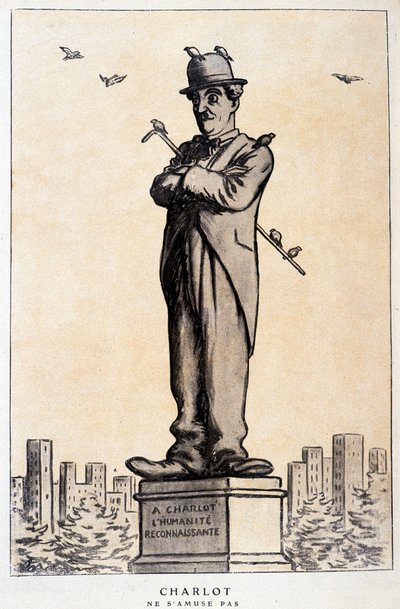 Charlot in standbeeld met opschrift: 