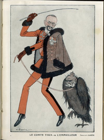Illustratie van A Barrere (1874-1931) in Fantasio, 01/04/15 - Graaf Tisza of de opvuller - Oorlog van 14-18, Oostenrijk, Hongarije - Adelaar, Frans-Jozef 1e van Oostenrijk, Tisza Istvan - Animalisatie door Adrien Barrere