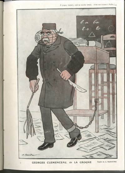 Illustratie van A Barrere (1874-1931) in Fantasio, 01/05/16 - Georges Clemenceau, genaamd La Grogne - Oorlog van 14-18, Censuur - Clemenceau George door Adrien Barrere