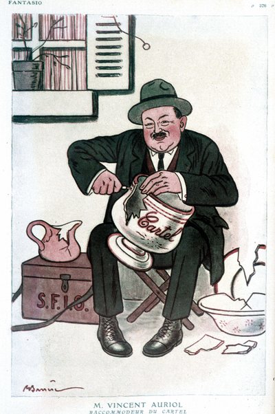 De heer Vincent Auriol, Cartel Raccommodeur: humoristische tekening over Vincent Auriol (1884-1938), over de SFIO en het Cartel des gauche. Tekening door A. Barrere - in 