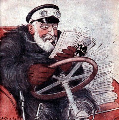Portret van koning Edward VII van Engeland (1841 - 1910) die zijn auto bestuurt. Tekening door A. Barrère. 