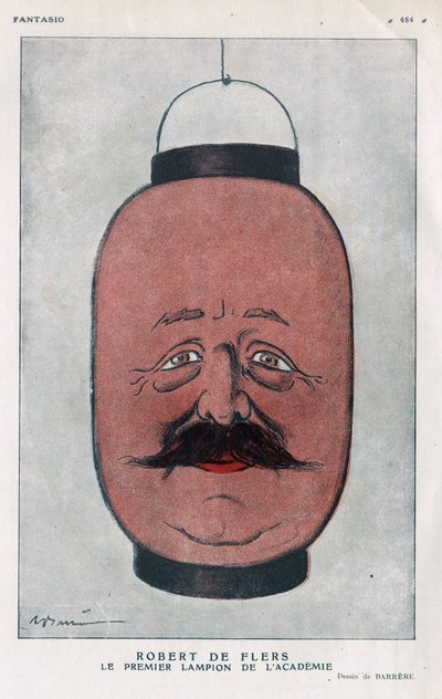 Robert Pelleve de La Motte-Ango, Markies de Flers, Frans toneelschrijver (1872-1927). (De eerste lantaarn van de academie). Cartoon door Barrere in 