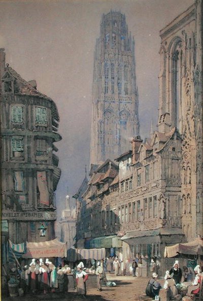 Markt aan de voet van de Tour de Beurre, Rouen door Adrien Dauzats