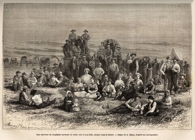 Een karavaan van Mormoonse bekeerlingen op weg naar het Zoutmeer, in hun kamp in de woestijn, gravure naar de tekening van A. Marie, ter illustratie van de reis van Washington naar San Francisco in 1868, door L. Simonin, gepubliceerd in 
