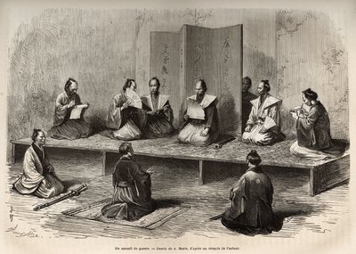 Een krijgsraad in Edo (het huidige Tokio), die de officieren van de taicoun (hoofd van de wereldlijke macht) bijeenbrengt om een opstand van de daimios (Japanse adel) net voor de Meiji-restauratie (1868) het hoofd te bieden door Adrien Emmanuel Marie
