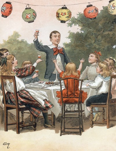 Een jonge jongen houdt een toespraak, kinderen klinken met glazen, illustratie door Adrien Marie in het boek Tout a la joie door Zari, Emile Guerin publicatie 1890 door Adrien Emmanuel Marie