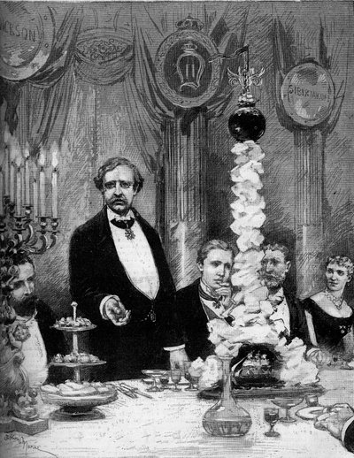 Banket aangeboden door de Scandinavische kolonie van Parijs ter ere van de ontdekkingsreiziger Nils Adolf Erik (Eric) Baron Nordenskjold (Nordenskiold) (1832-1901) in het Hotel Continental. Aanwezig zijn: Graaf Kapnitz, Professor Nordenskjold, Prins Oscar  door Adrien Emmanuel Marie