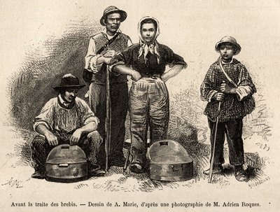 Voor de schapenhandel, werd al het personeel van de boerderij op deze plek ingezet, jongen, dienaar, onder toezicht van de herder, melk werd verzameld in de seilles (metalen vaas), gravure naar een tekening van A.Marie, ter illustratie van een reis naar Ro door Adrien Emmanuel Marie