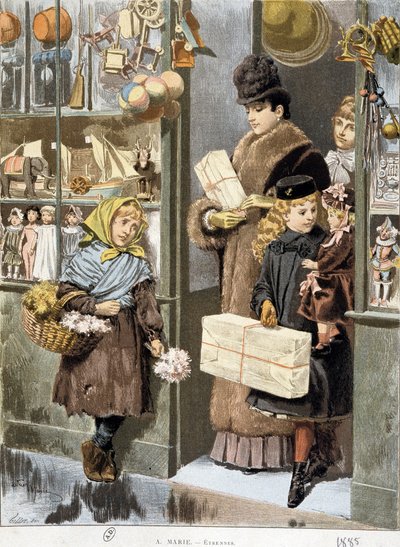 Arm meisje dat kleine boeketten verkoopt bij de uitgang van een speelgoedwinkel waar rijke mensen uitkomen (kerstinkopen?) - tekening door Adrien Marie door Adrien Emmanuel Marie