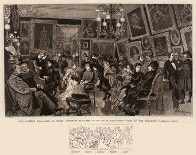 De Comédie Française thuis, portretschetsen uit het leven in de groene kamer van het Théâtre Français, Parijs door Adrien Emmanuel Marie