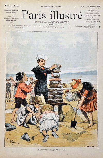De Eiffeltoren. Een groep kinderen speelt op een strand en maakt een replica van de Eiffeltoren met stenen en zand. Illustratie door Adrien Marie (1848-1891). Gravure uit 1887 in "Paris-Illustrous journal weekly". door Adrien Emmanuel Marie