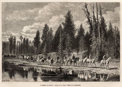 De hele geografische missie, op weg naar Mount Hayden, langs de Henri River, gegraveerd naar de tekening van A.Marie, ter illustratie van een reeks geografische missies door het National Park van de Verenigde Staten, van 1870 tot 1872, door de heren Hayden door Adrien Emmanuel Marie
