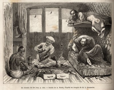 Het interieur van een slaapwagon van de Oost-Indische Spoorweg, op de route naar Azimgange, in een groot compartiment, een verwijderbare slaapplaats en een wasruimte, evenals het personeel van de wagon die het comfort van de passagiers bewaakt, beschikbaar door Adrien Emmanuel Marie