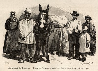 Het laden van kazen op de rug van een muilezel, naar de kelders van Roquefort, gravure naar een tekening van A.Marie, ter illustratie van een reis naar Roquefort en omgeving, door Adrien Roques en Jules Charton, 1874, gepubliceerd in 