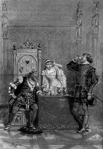 Theateropvoering: Gennaro drinkt het gif dat zijn moeder Lucrece heeft ingeschonken in aanwezigheid van Alphonse d