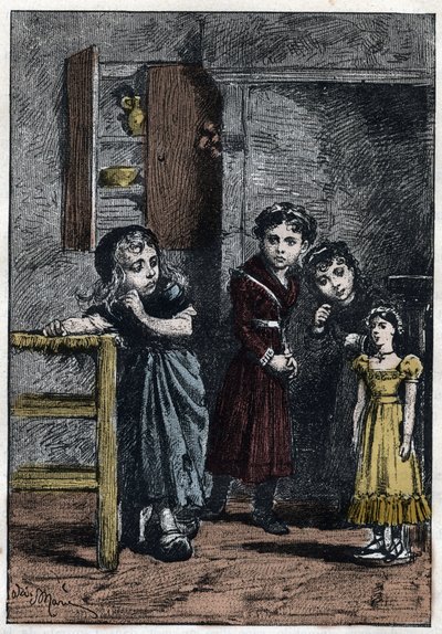 De twee dochters van Thenardier, Eponine en Azelma, kijken naar Cosette die de pop Catherine heeft gekregen - Illustratie door Adrien Marie (1848-1891) voor 