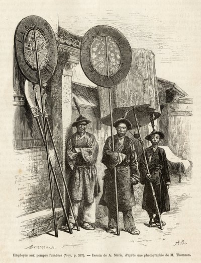 Drie begrafeniswerkers in Peking. Gravure naar de tekening van A. Marie, ter illustratie van de reis naar Peking en Noord-China, door T. Choutze, in 1873, gepubliceerd in 
