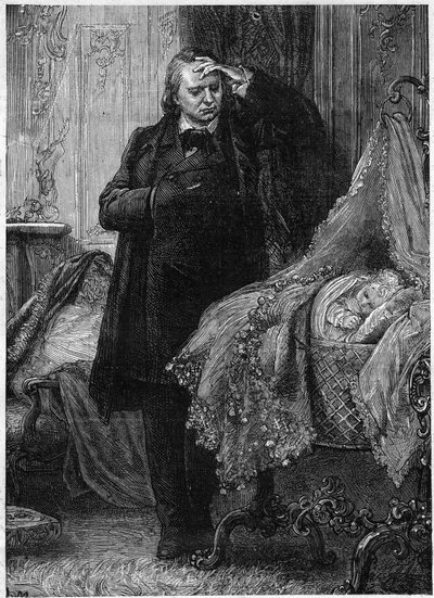 Victor Hugo observeert een kind dat in zijn wieg slaapt. Illustratie van 