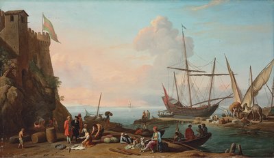 Een mediterrane haven met sjouwers die hun schepen lossen, figuren die vis verkopen op de voorgrond bij een fort door Adrien Manglard