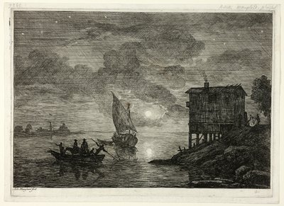 Haven Scène bij Maanlicht met Veerboot door Adrien Manglard