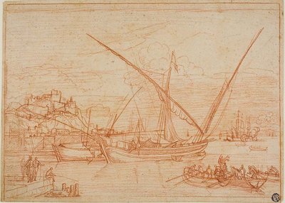 Uitzicht op een haven: schepen in een haven door Adrien Manglard