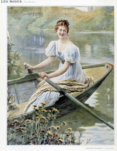Vrouw die een boot maakt op de Seine door Adrien Moreau