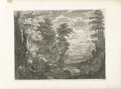 Waterval met een stad op de achtergrond door Aegidius Sadeler (II) (attributed to)