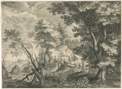 Boslandschap met houten brug door Egidius  Sadeler (II)